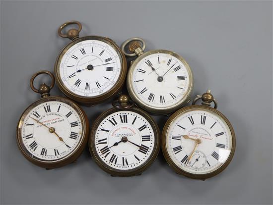 Five assorted base metal pocket watches.